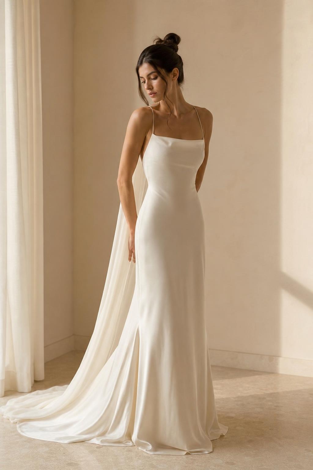 Novia en vestido de novia minimalista de seda