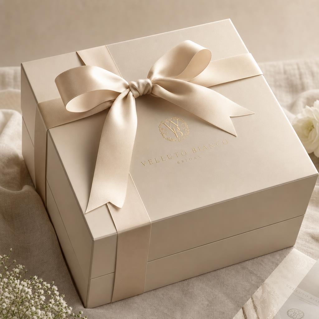 Caja de novia premium con lazo de satén champagne y logo dorado