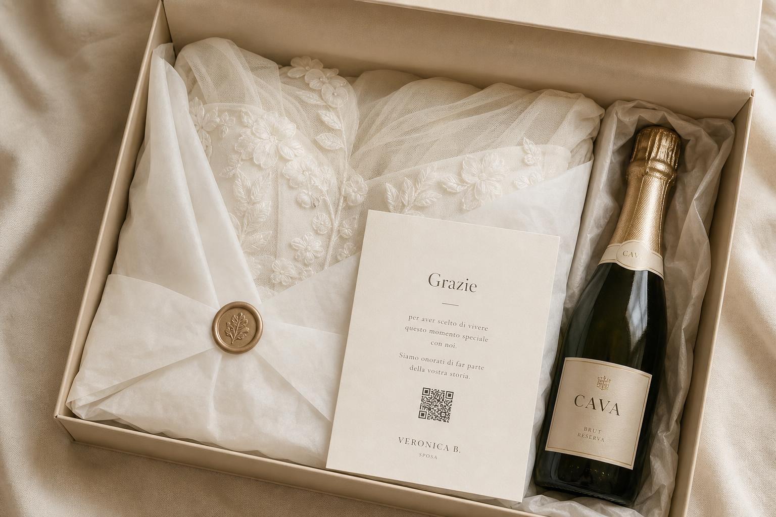 Vestido envuelto en carta velina con sello de cera, tarjeta y mini cava